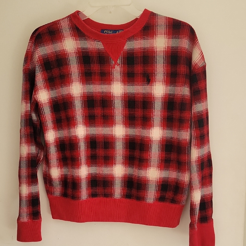 Ralph Lauren Red and Black Tartan Plaid Crewneck Sweater Sz XS Retail $218